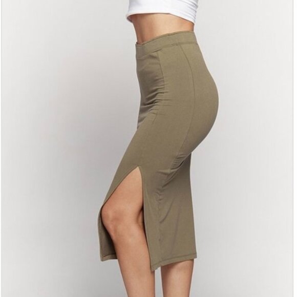 Heart & Hips Olive Fitted Bodycon Knit High Waist Pencil Side Slit Midi Skirt - Picture 5 of 5